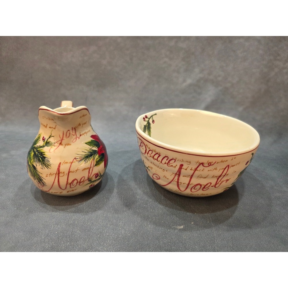 Noel Christmas Creamer and Sugar Bowl Set Poinsettia Holly Holiday Ceramic